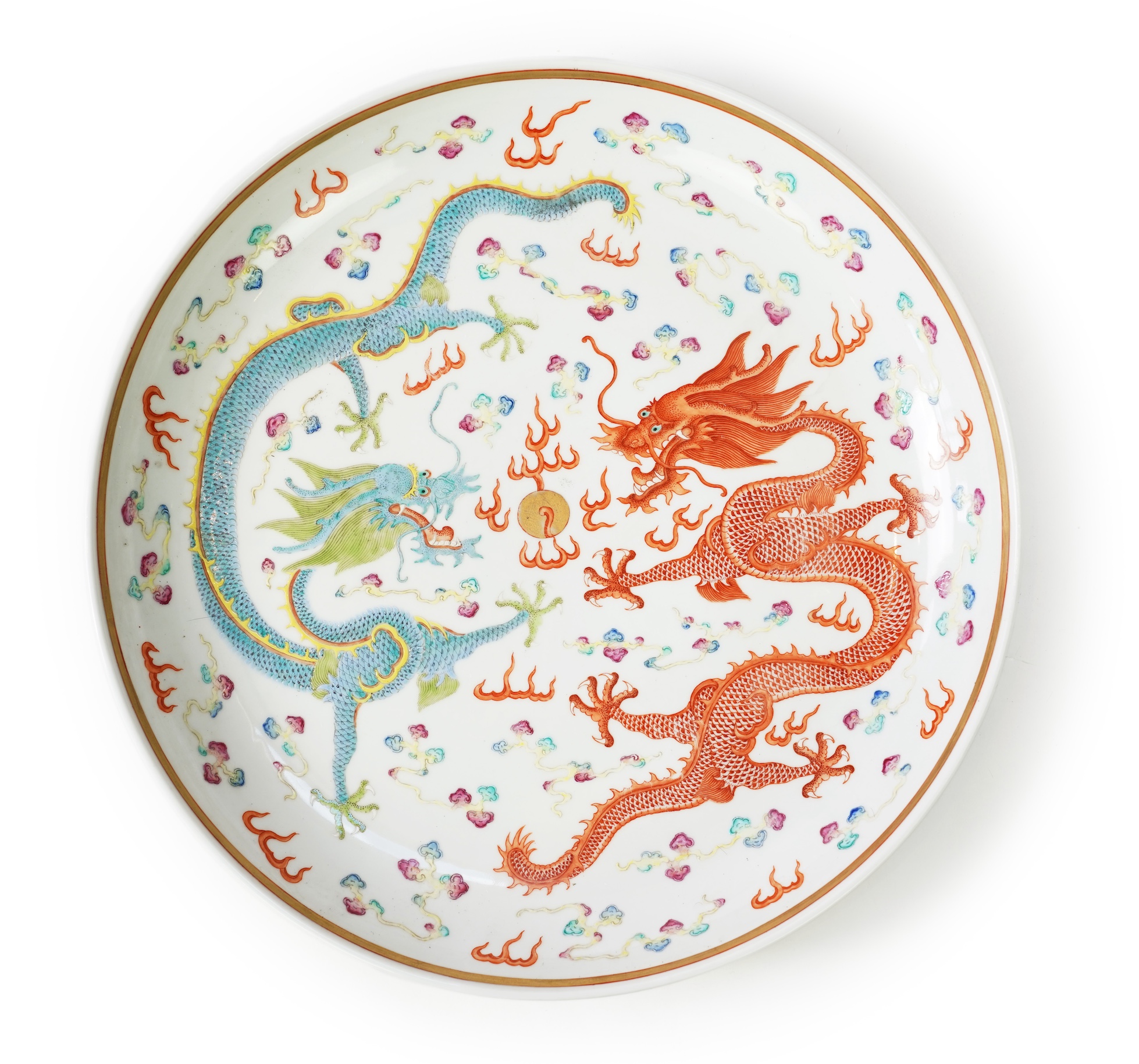 A Chinese enamelled porcelain 'dragon' dish